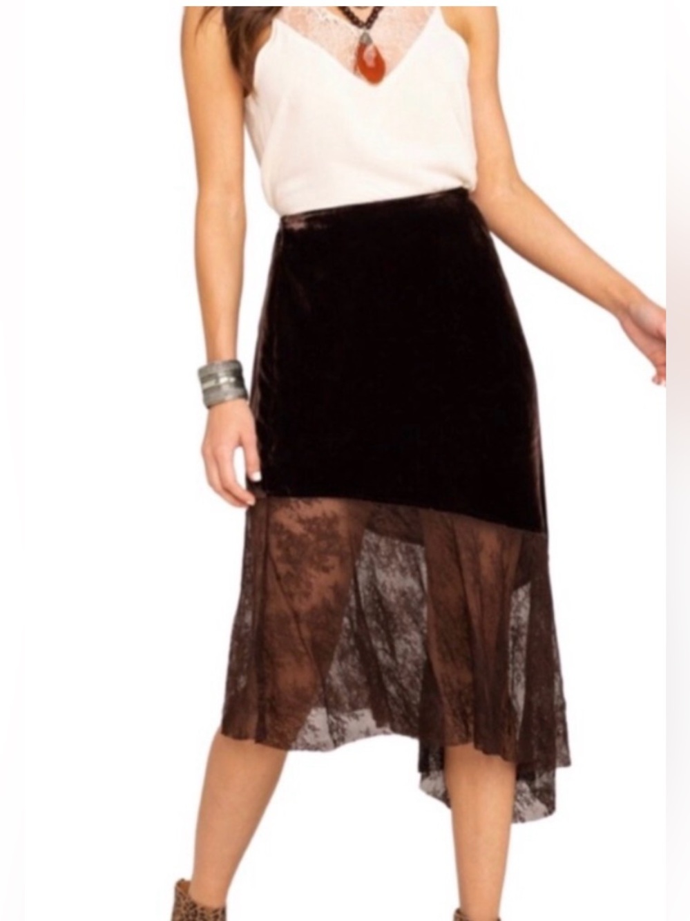 Free People Brown Asymmetrical Lace Midi Skirt